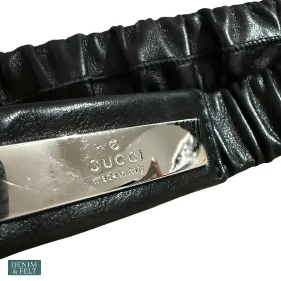 Gucci Black Leather Ruched Stretch Belt w/ Silver Logo Plate Buckle Womens Italy Gucci Black Leather Ruched Stretch Belt w/ Silver Logo Plate  main image 3